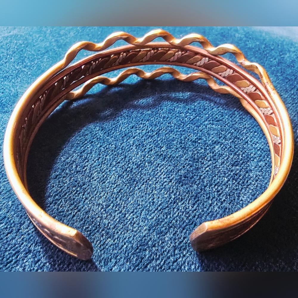 Vintage Mixed Metal Cuff Bracelet Boho Southwestern Brass Copper Layered Artisan - Picture 5 of 8